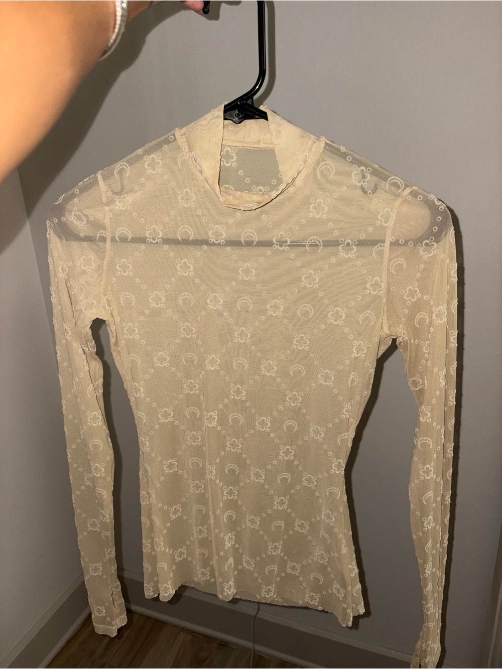 Marine Serre Cream Sheer Lace Mock Neck Long Sleeve Top